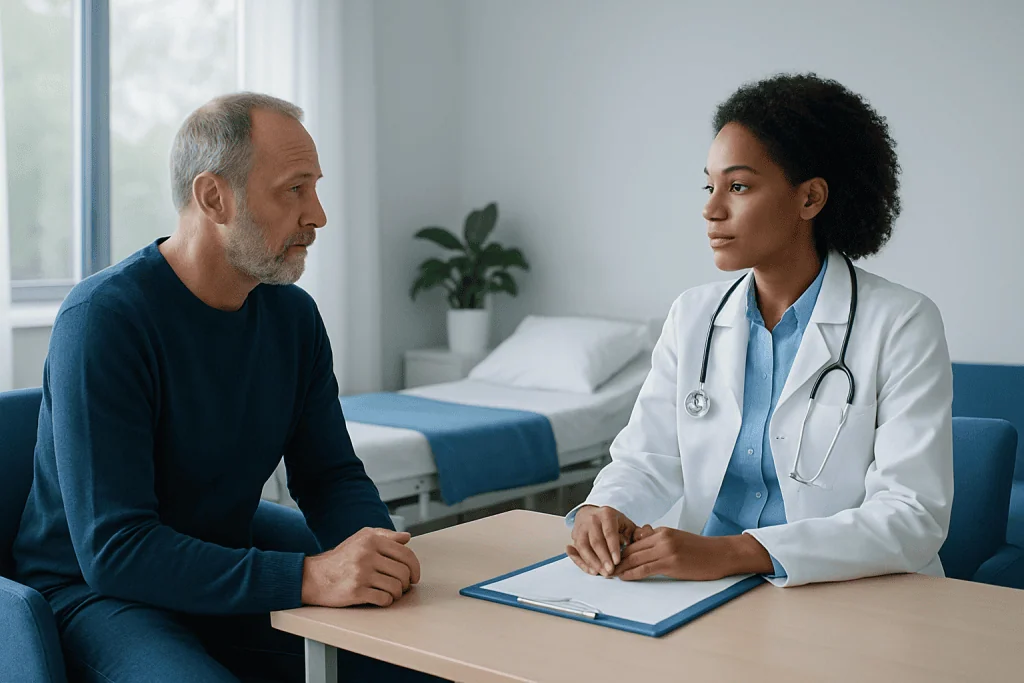 Doctor consulting with a patient in a modern hospital room.