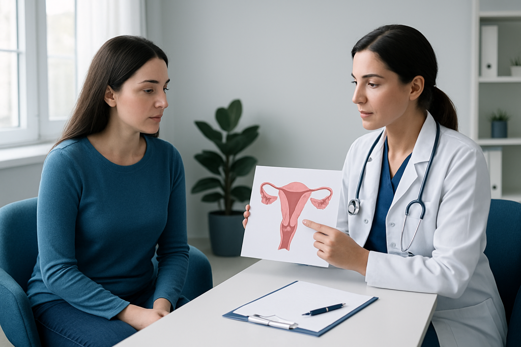 Gynecologist explains uterus diagram to patient in consultation room.