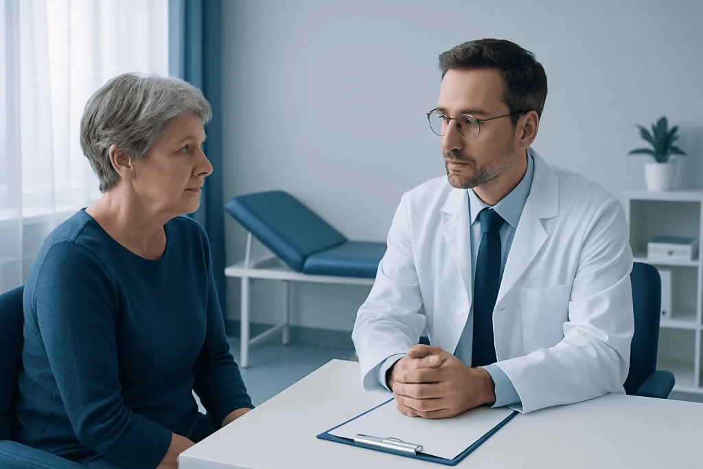 Doctor consulting with an elderly female patient in a medical office.