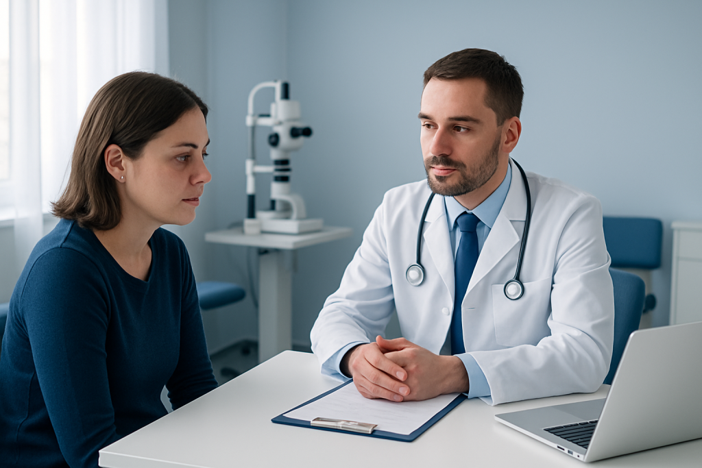 Doctor consulting patient in a medical office with microscope in background.