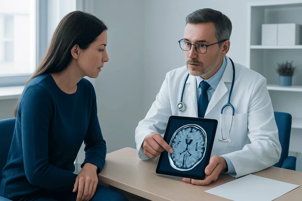 Doctor explaining hypothalamic hamartoma treatment options to patient.