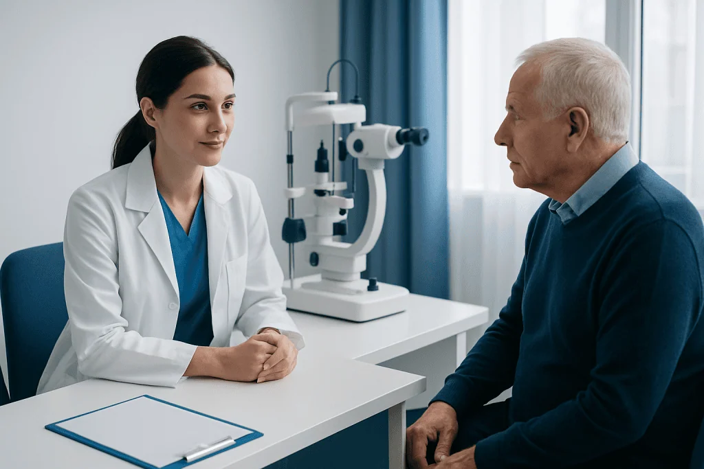 Doctor consulting with elderly patient in a medical office with eye examination equipment.