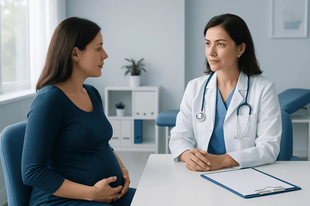 Pregnant woman consulting with a doctor in a medical office.