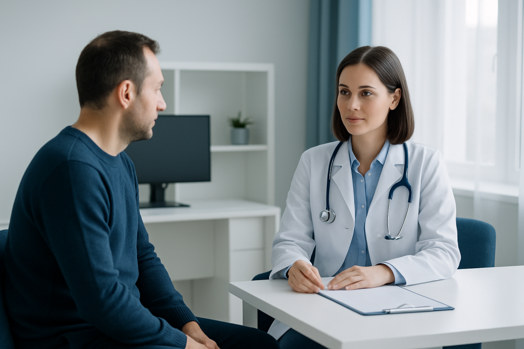 Doctor consulting with a patient in a modern medical office.
