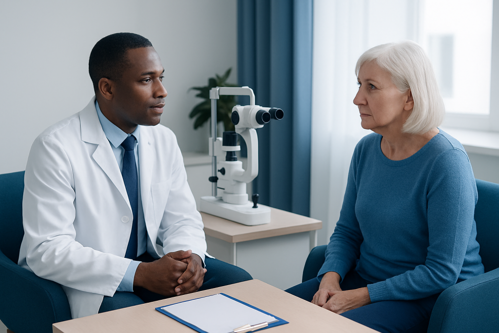 Ophthalmologist consulting elderly woman in eye examination room.