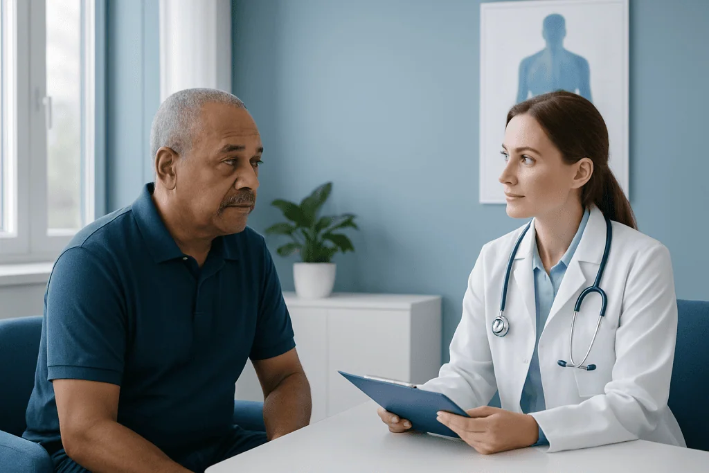Doctor consulting with a male patient in a medical office.