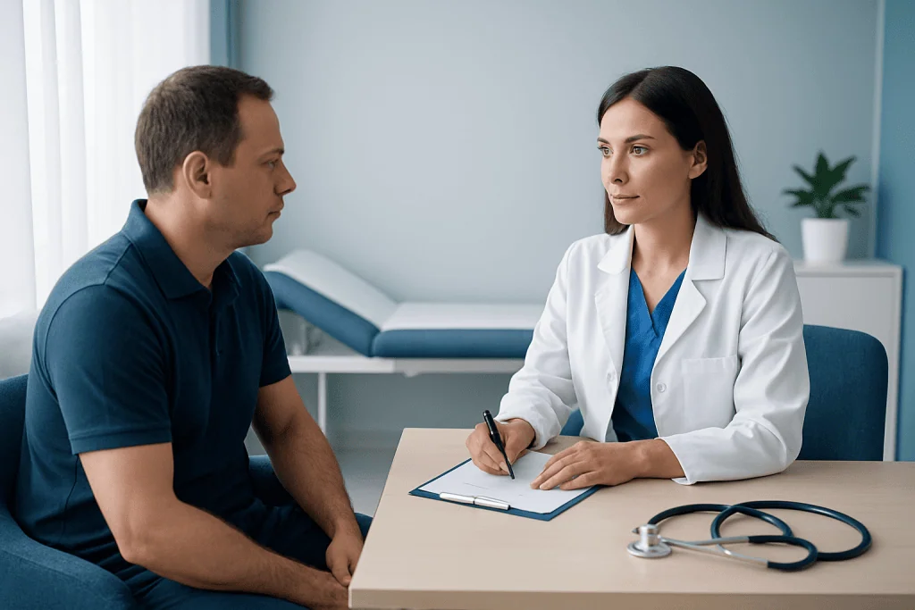 Doctor consulting patient about hyperhidrosis treatment options.