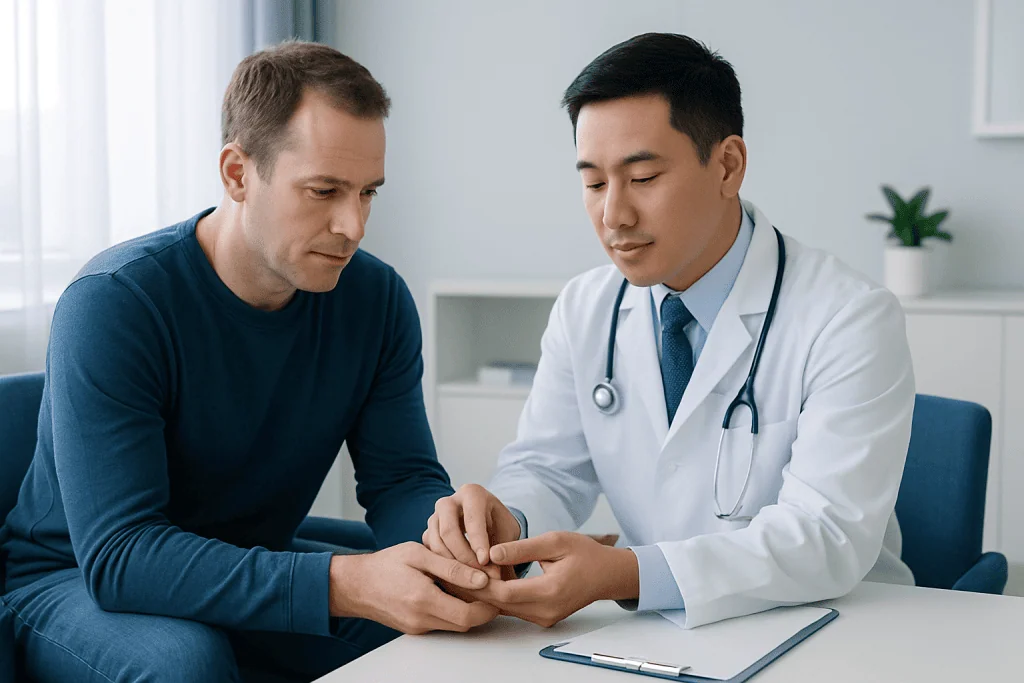 Doctor examining patient's hand for splinter infection treatment.