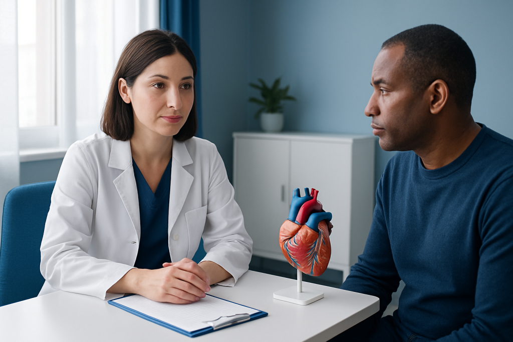 Doctor explaining heart health to a patient in a consultation room.