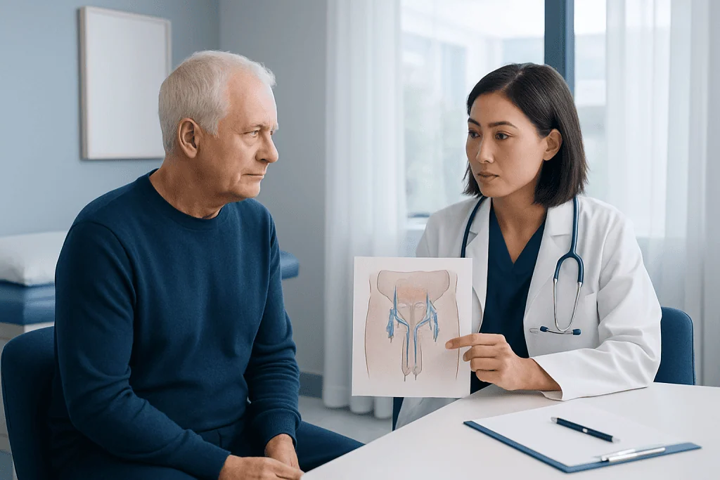 Urologist explaining prostate diagram to senior male patient in clinic.