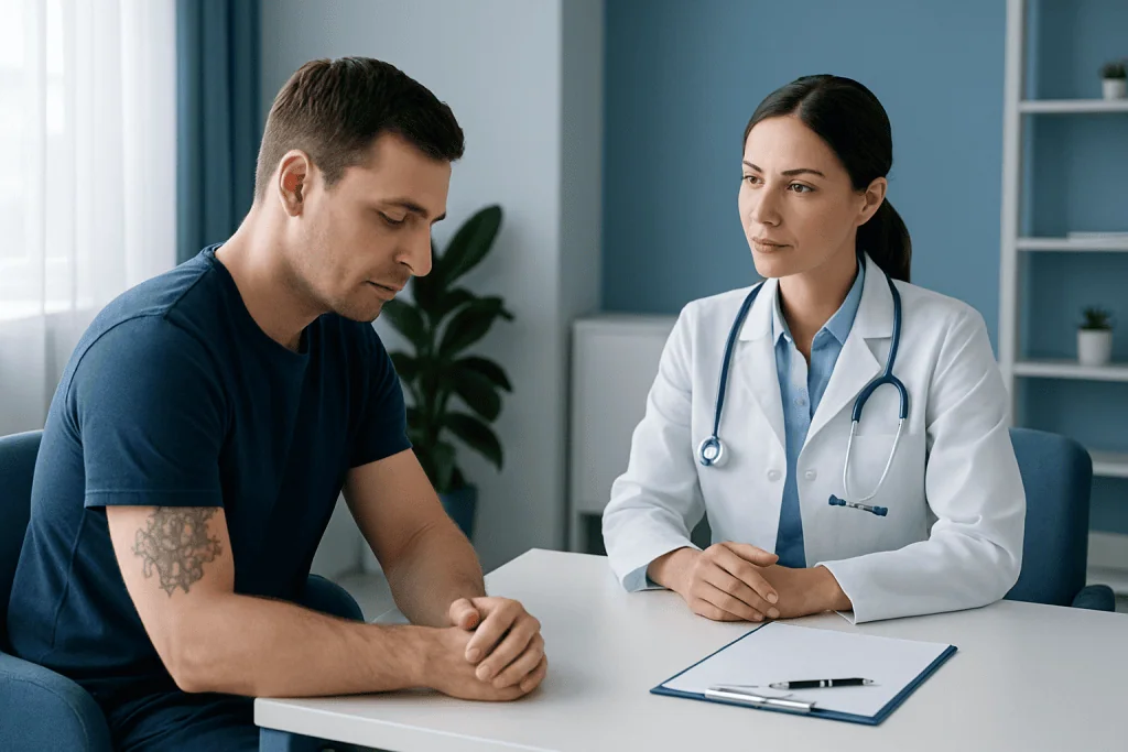 Doctor consulting with male patient in a medical office setting.
