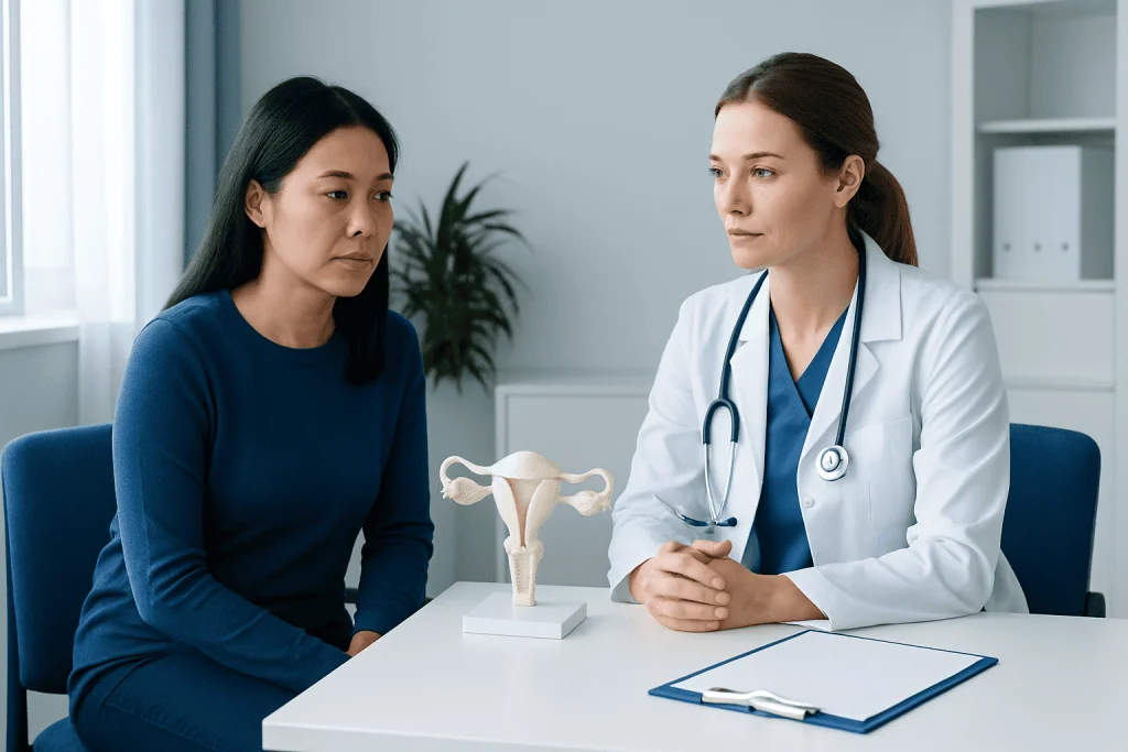 Doctor explaining uterine health to patient in clinic setting.