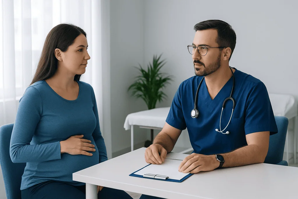 Doctor consulting pregnant woman in a medical office.