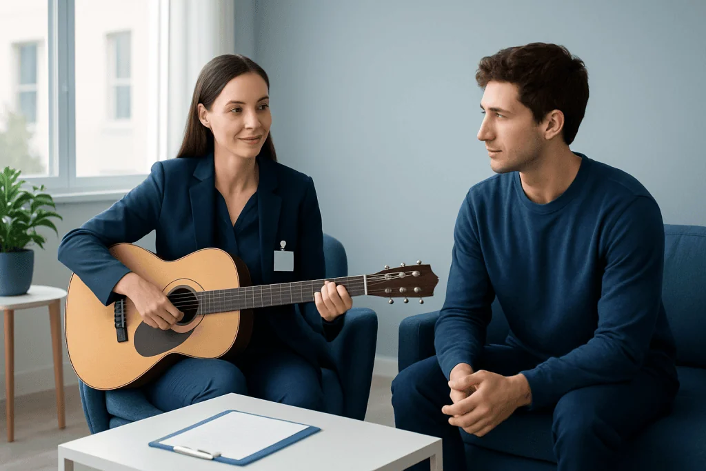 Music therapy session with a woman playing guitar for a man.