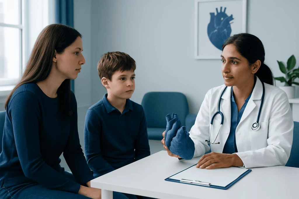 Pediatric cardiology consultation at Acibadem Hospital with doctor and family.