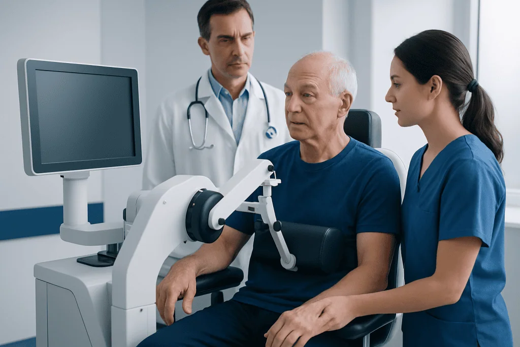 Doctor and nurse examining elderly patient's shoulder with medical equipment.