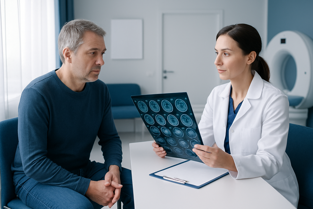 Doctor explaining CT scan results to a patient in a medical office.