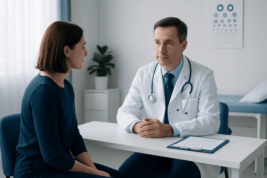 Doctor consulting with a female patient in a modern medical office.
