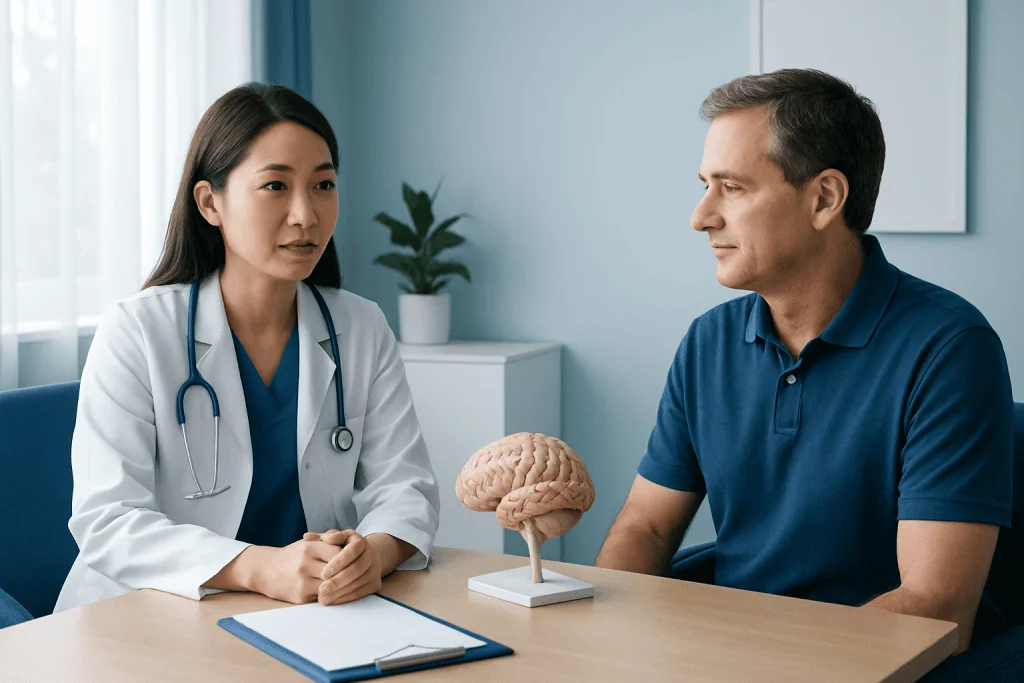 Doctor and patient discussing brain health with a model brain on the table.