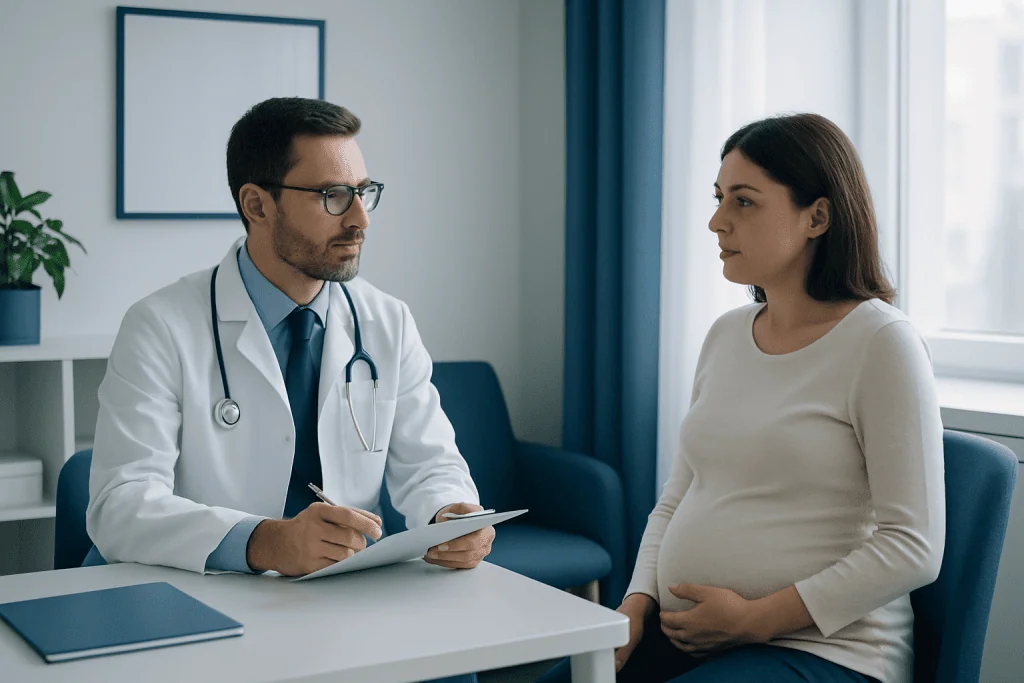 Doctor consulting pregnant woman in a medical office.