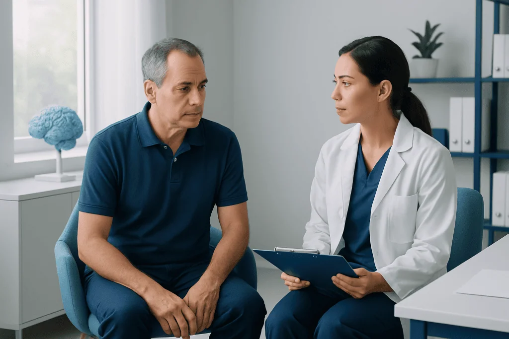 Doctor consulting with a male patient in a medical office.