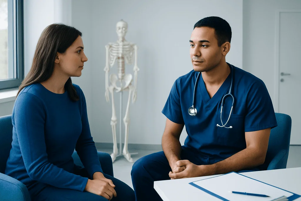Doctor consulting with a patient in a medical office with skeleton model in background.