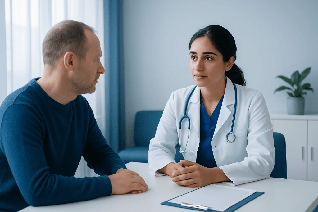Doctor consulting patient in a medical office setting.