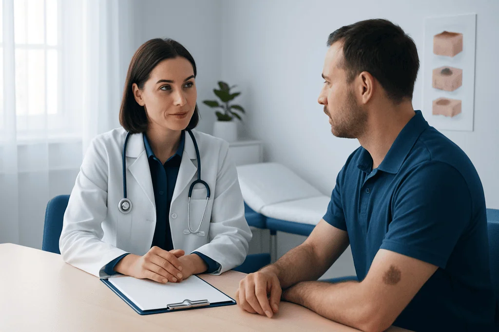 Doctor consulting patient in a medical office setting.