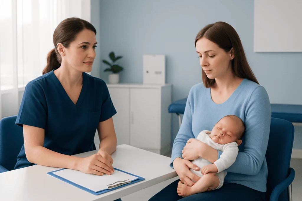 Mother and healthcare professional during neonatal hearing screening consultation.