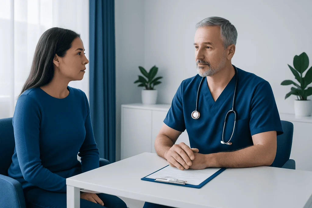 Doctor consulting with a patient in a modern clinic setting.