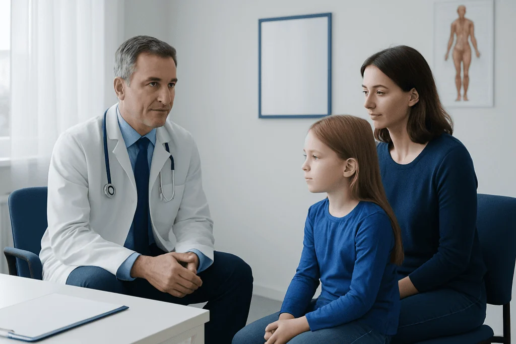 Pediatric consultation with a doctor and mother in a clinic setting.