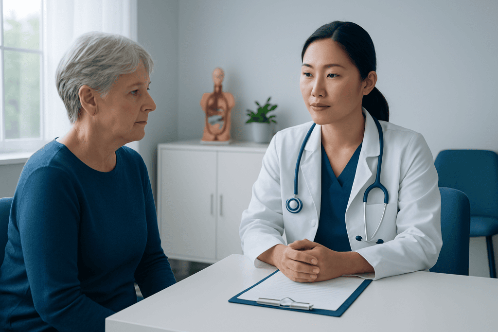 Doctor consulting with an elderly female patient in a medical office.