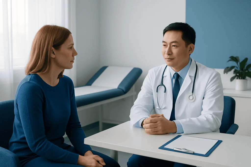 Doctor consulting with a female patient in a modern clinic room.