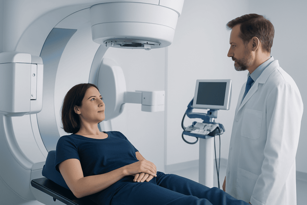 Patient undergoing MRI scan at Acibadem Hospital for breast cancer diagnosis.
