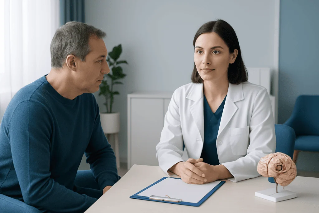 Doctor consulting with patient about brain health and radiation effects.