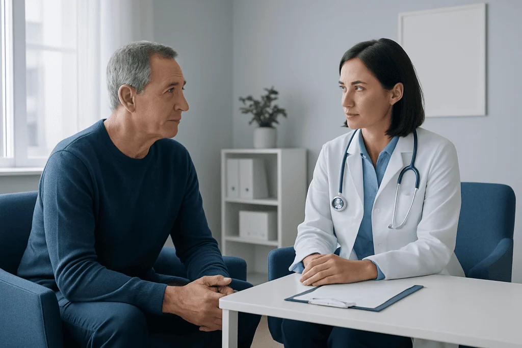Doctor consulting with male patient in a medical office setting.