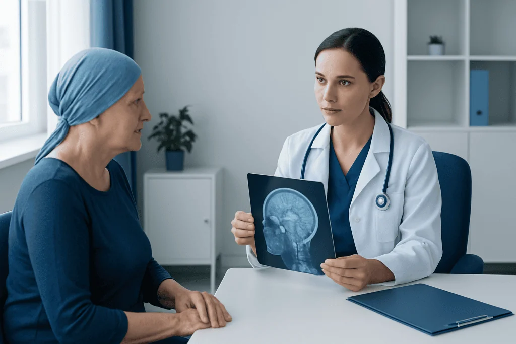 Doctor explaining brain scan to patient in a medical consultation room.