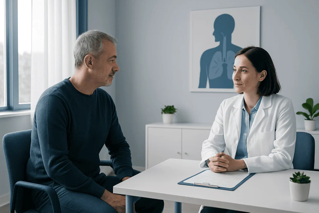 Doctor consulting with a patient in a modern medical office.