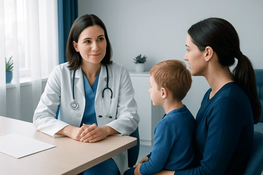 Doctor consulting with a mother and child in a medical office.
