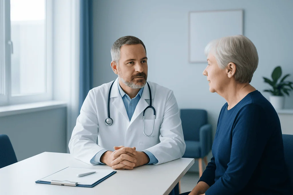 Doctor consulting with an elderly female patient in a medical office.