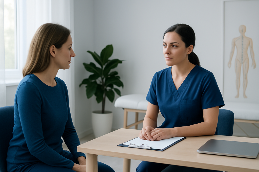 Medical consultation between a patient and healthcare professional at Acibadem Hospital.