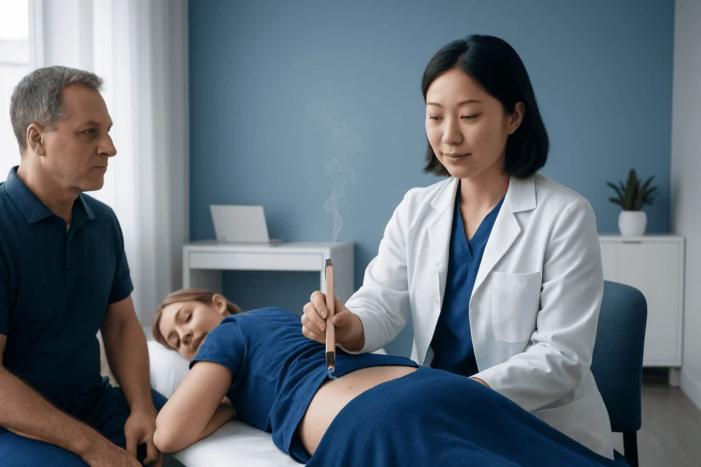 Acibadem doctor performing moxibustion therapy on a patient in a clinical setting.