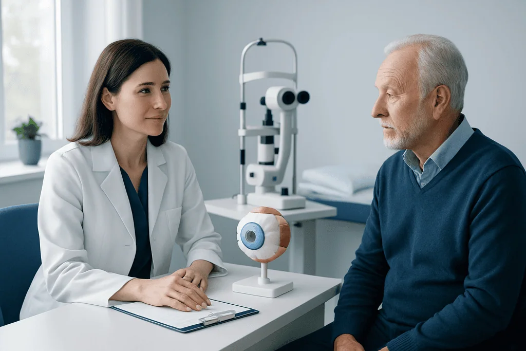 Ophthalmologist consulting an elderly patient about eye health.