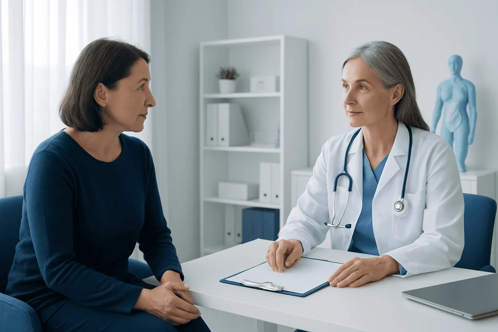 Doctor consulting with a female patient in a modern medical office.