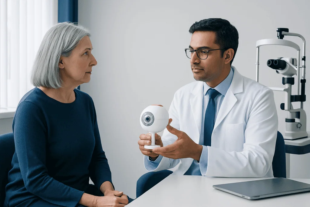 Ophthalmologist explains eye health to an elderly woman in a clinic.
