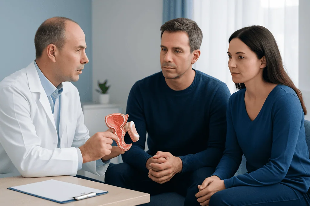 Urologist explaining prostate health to a couple in consultation.