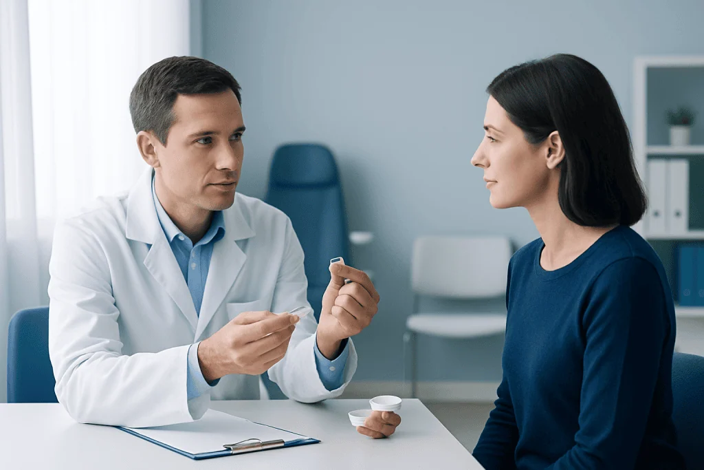 Doctor explaining contact lens insertion to patient in clinic.