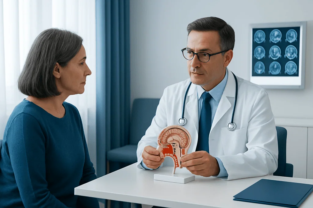 Doctor explaining ear anatomy to a patient in a medical consultation room.