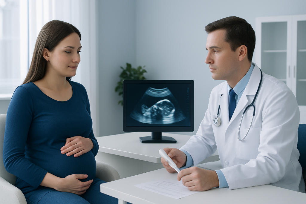 Doctor explaining ultrasound results to pregnant woman in a clinic.