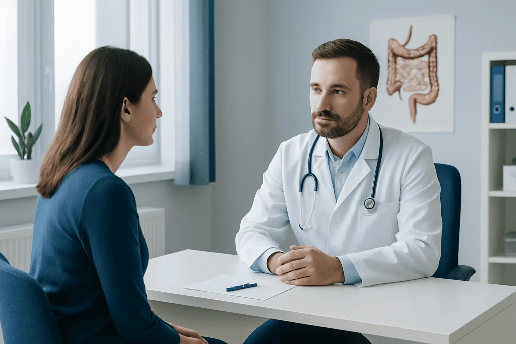 Doctor consulting patient about digestive health in a medical office.
